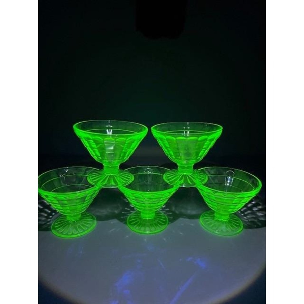 Vintage‎ Anchor Hocking Block Optic Green Uranium Depression Glass Sherbet Cup 5